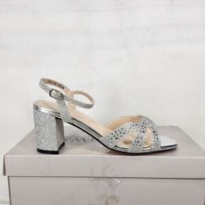 Touch Ups Ivy Sandal Women Size 5.5 Silver Glitter Rhinestone Block Heel